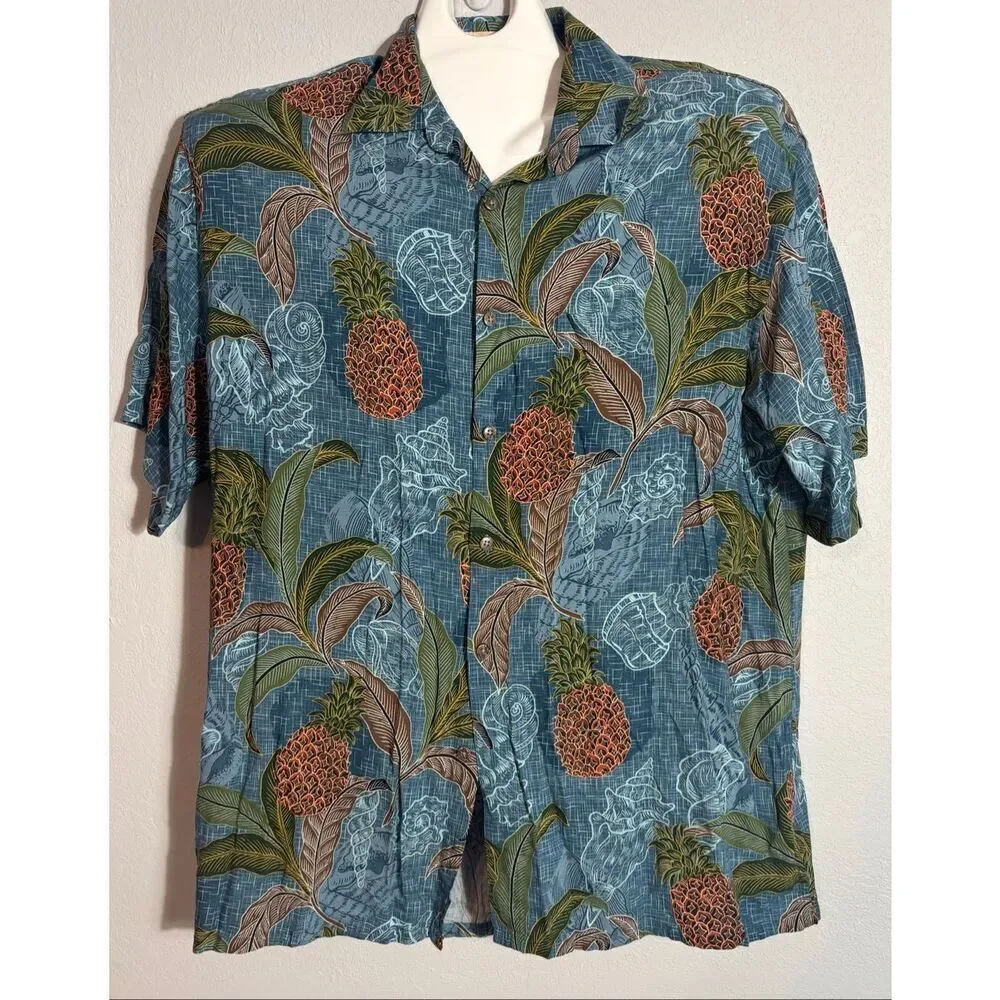 Vintage Hawaiian Shirt Mens Large Blue Pineapple Floral Aloha 90s Campia Moda